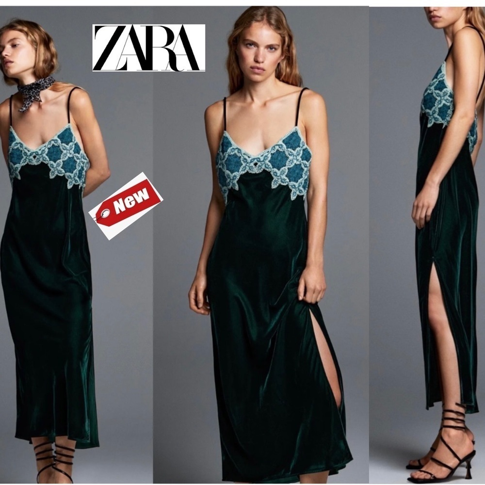 ZARA VELVET & CROCHET MAXI SLIP DRESS DARK GREEN SZ M NWT - Picture 1 of 15
